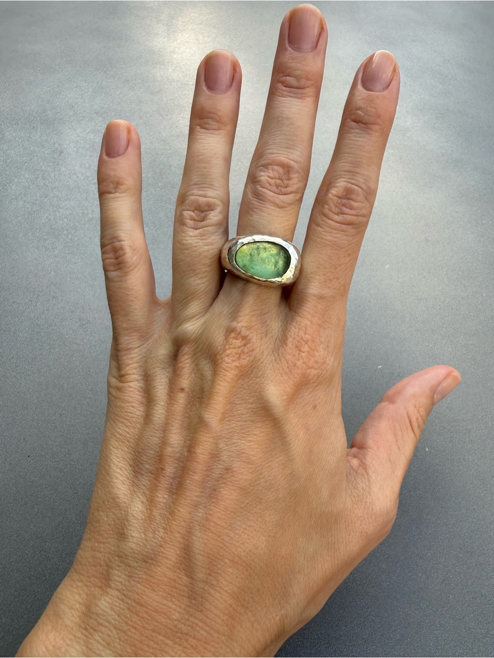 Sterling Silver Statement Ring 925 | Green Glass | Size 9-10 | Artisan Handmade - Picture 4 of 13